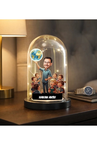 Bk Gift Kişiye Özel Erkek Öğretmen Tasarımlı Karikatür Led Işıklı Cam Fanus Biblo -1, Öğretmene Hediye, Öğretmenler Günü Hediyesi Kobitmeyencom36877 B