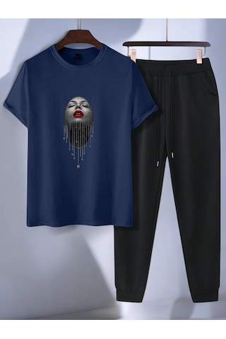 Uyguntarz Unisex Pırlantalı Kadın Portresi Tasarım Basklı Tshirt Eşofman Takımı Lacivert