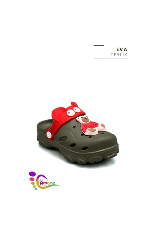 Sermoda Gözlük Desen Ayıcıklı Eva Çocuk Plaj Havuz Terlik Sabo Terlik Haki Kırmızı