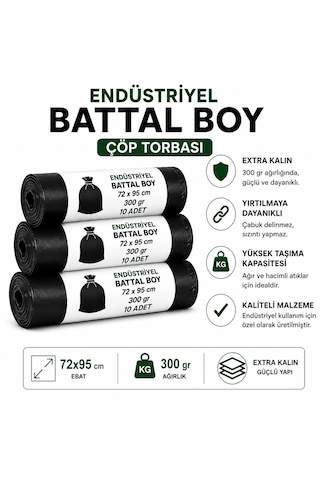 Endüstriyel Çöp Torbası Battal Boy 72x95 Cm 30 Adet 3 Rulo Sızdırmaz Kalın 300 Gram