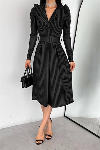 Dip Moda Kadın Deri Ve Omuz Detaylı Çizgili Elbise Kklf64 Siyah