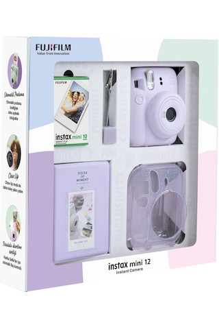 Fujifilm Instax Mini 12 Fotoğraf Makinesi + 10'lu Film + Simli Pleksi Kılıf + Pvc Albüm + Kıskaçlı Standı Lila