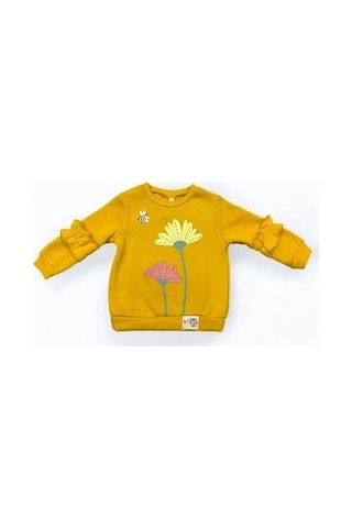 Kız Çocuk Kolları Fırfırlı İçi Şardonlu Çiçek Baskılı Sweatshirt-14348 HARDAL