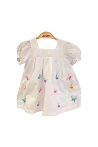 Çikoby Kız Bebek Pamuklu Kelebek Desenli Elbise-13885 Beyaz