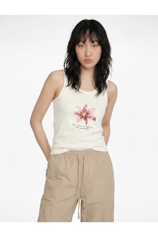 Koton Pamuklu Kolsuz U Yaka Hibiskus Baskılı Bluz Ekru 6sal30275ık