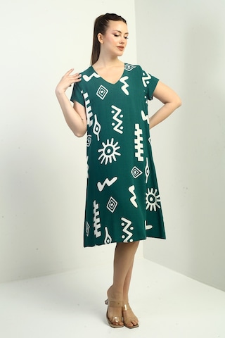 By Saygı Yaka Etnik Desenli Oversize Elbise Yeşil