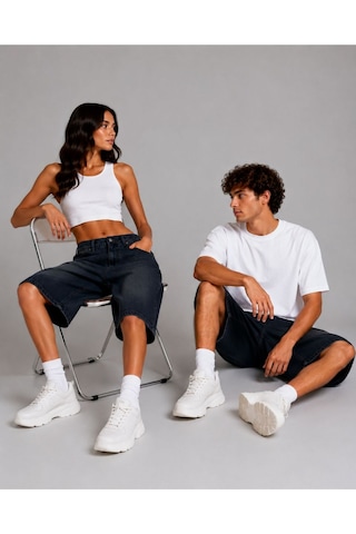 St.poll Eskitme Yıkama Unisex Baggy Denim Şort Eskitme Lacivert