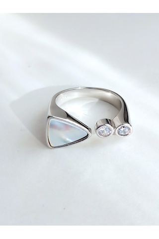 Gümüş Beyaz Sedef Zirkon Taşlı Kare Tasarım Ayarlı Kadın Yüzük