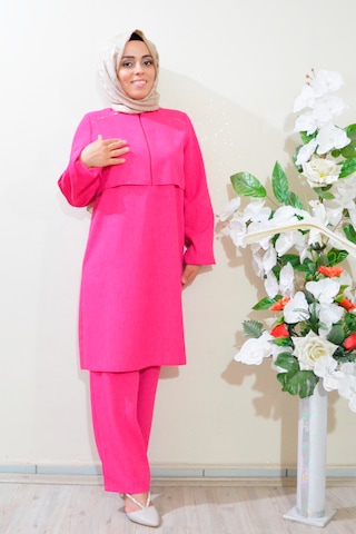 Deryam Tekstil Kadın Sofya Keten Tunik Pantolon Takımı Pembe 42 Beden Pembe