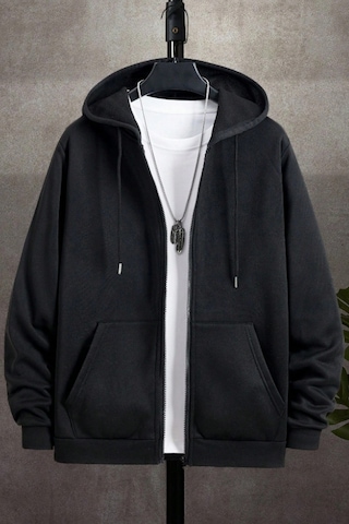 Cool Tarz Unisex Relax Fit Rahat Kesim Pamuklu İçi Polarlı Çift Cepli Fermuarlı Siyah Kapüşonlu Sweatshirt Siyah Siyah