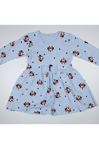 Momikon Minnie Mouse Baskılı Uzun Kollu Pamuklu Açık Mavi Elbise Açık Mavi