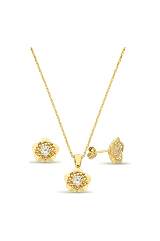 18k Altın Kaplamalı 925 Ayar Gümüş Çiçek Set - 67018602 Altın