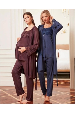 Bone Club Birolgaye 4804 Lacivert Hamile Lohusa 3'lü Pijama Sabahlık Tk 001