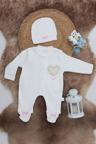 Sema Baby Pamuklu Bebek Tulum Seti 6-9 Ay - Love Beyaz