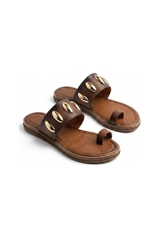 Giamgia Store Giamgia Kadın Kahvarengi Altın Zımbalı Düz Parmak Arası Terlik-2404 Kahverengi