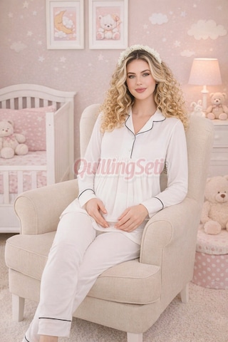 Quilling Lady Ekru Renkli, Kol Ve Paçaları Manşetli, 33202 Uzun Kol, 2 Parça Lohusa Hamile Pijama Takımı M - L