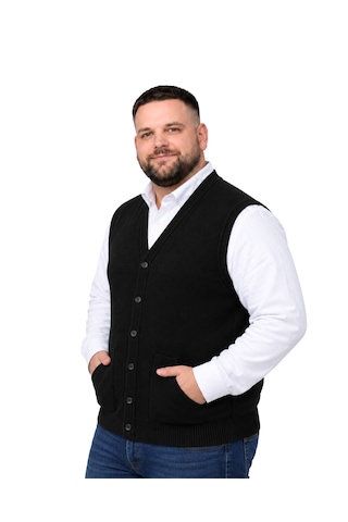 Battalmoda Erkek Büyük Beden Siyah Cepli Triko Yelek 3xl-4xl-5xl-6xl