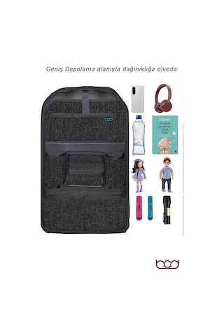 Bod Lux Linen Serisi Keten Koltuk Arkası Düzenleyici Araç İçi Organizer Siyah