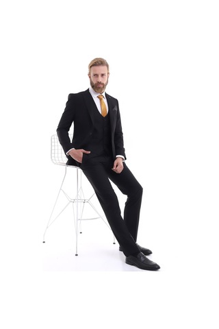 Presto Erkek Yelekli Slimfit Takım Elbise 6 Drop Siyah 581-001 Siyah