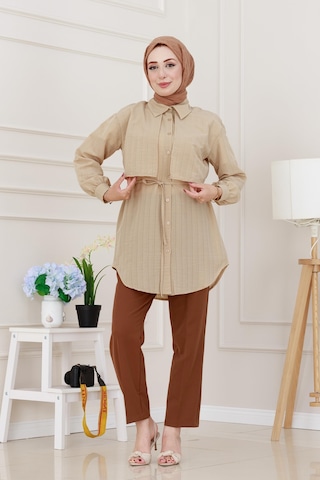 Sevitli Beli Bağcıklı Allerli Taşlı Tunik-bej-5219 Bej