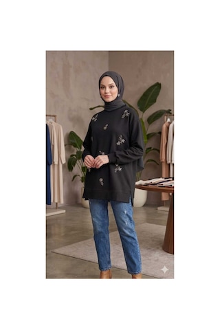 Butik Kadın Boncuk Taş İşlemeli Sweatshirt Siyah Siyah