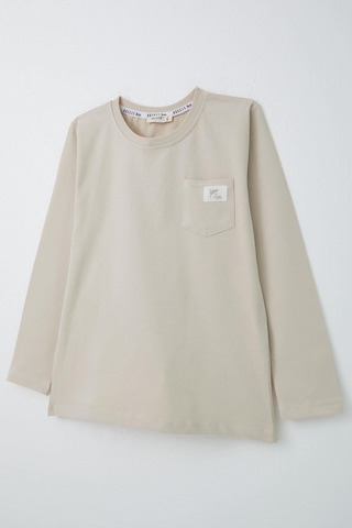 Breeze Erkek Çocuk Uzun Kollu Tişört Cool Yazı Armalı Cepli 4-8 Yaş, Bej Bej