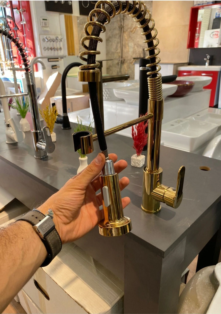 Fleko Gold Fonksiyonlu Endüstriyel Eviye Bataryası Mutfak Musluğu Gold