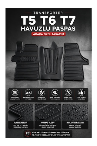 Volkswagen Transporter T5 T6 T7 Havuzlu Oto Paspas 3 Parça Araca Özel Siyah Kaymaz Su Geçirmez
