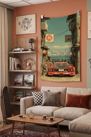 Retro Araba Duvar Örtüsü, Vintage Racing Oda Dekoru, Kumaş Duvar Halısı Beyaz
