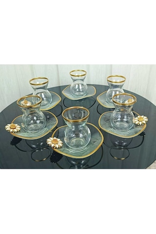 Alfafe Home Lüx 6 Kişilik 12 Parça Papatya Gold Yaldızlı Çay Seti Beyaz