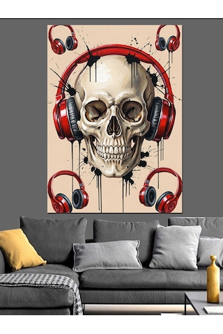 Ahşap Tablo Kulaklıklı Kafatası Müzik Aşkı