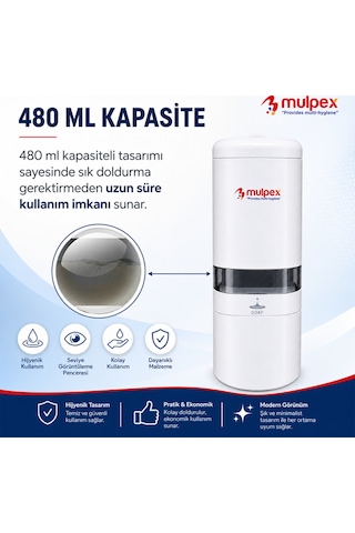 Mulpex 480 Ml Sıvı Sabunluk Beyaz Duvar Tipi Abs Dispenser, Kilitli Kapak Ve Seviye Göstergeli