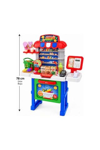 Süpermarket 53 Parça Gerçek Hesap Makineli 78 Cm Sesli Işıklı Barkod Okuyuculu Eğitici Oyuncak Seti