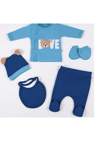 3 Ay Bebek Hastane Çıkışı Love Bear Nakışlı 5'li Erkek Mavi Mavi