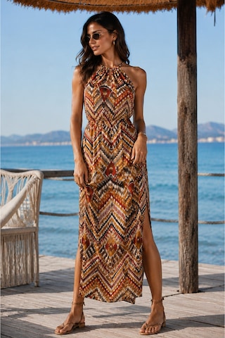 Mixxtrend Etnik Desen Yırtmaçlı Maxi Boy Viskon Elbise Kahverengi