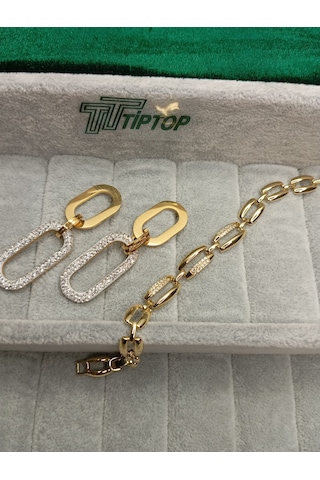 Tiptop/ Gold Renk Zirkon Taşlı Sallantılı Model Çelik Küpe - Zincir Model Zirkon Taşlı Bileklik Gold