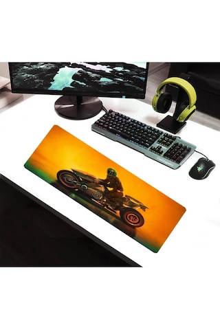 Alkese 70x30 Cm Cyber Moto Desenli Dikişli Kaydırmaz Tabanlı Oyuncu Mouse Pad