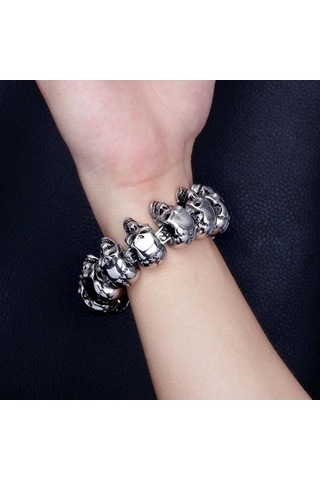 Novahub Gotik Kafatası Vintage Erkek Bileklik - Siyah Punk Paslanmaz Çelik Bilezik - Gümüş Renk Gümüş