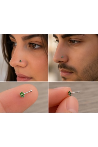 925 Ayar Gümüş Burun Hızması Yeşil Çiçek Desenli Minimal Nose Stud Kadın Erkek Unisex 8 Mm Gri