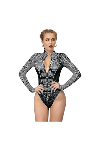 Kadın Örümcek Adam İskelet Kemikleri Leotard Bodysuit Cadılar Bayramı Partisi Kostümü Stil 2 S