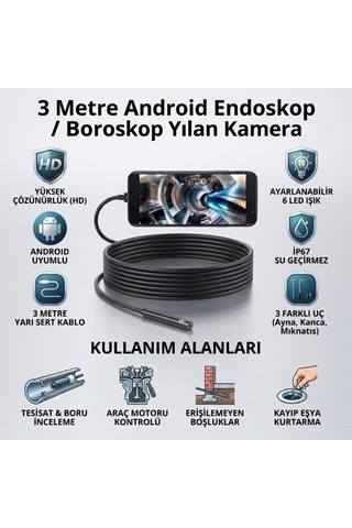 Delux Serisi Kuytu Köşeler Cihaz Kontrol Detay İnceleme 3 Metre Yılan Kamera - Android Destekli Ip67