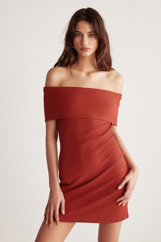 Grımelange Julene Kadın Esnek Fitilli Kumaşlı Bardot Yaka Bodycon Vücüdu Saran Midi Kiremit Rengi Elbise