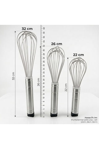 Uyt Life 3'lü Paslanmaz Çelik Çırpıcı Seti - 22cm, 26cm, 32cm Ergonomik Saplı Yumurta Ve Sos Çırpma Teli - Mu Diğer