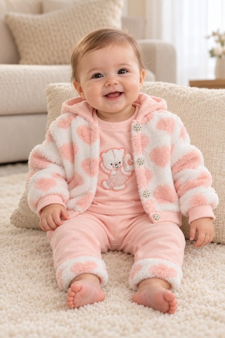 Ahengim Kız Bebek 3 Parça Takım Kapüşonlu Peluş Ceket Ayıcık Nakışlı Üst Ve Pantolon Ak2482 Pudra