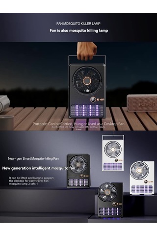 Symbee Siyah Usb 2-in-1 Mosquito Killer Fan: Duvar/desktop Montajlı, 5 Hızlı Fan, Led Ekranlı, 2000v Moskito Öldürücü Işık