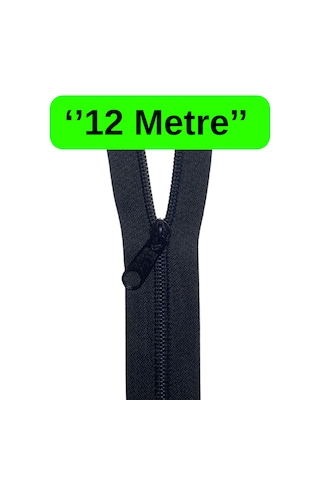 12 Metre Siyah Metrelik Fermuar + 12 Adet Siyah Fermuar Başlığı