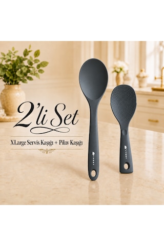 Sariva Home Ivory Silikon Xl Large Servis Kaşığı Ve Pilav Kaşığı 2'li Set Yapışmaz Tencere Uyumlu Isıya Dayanıklı Mutfak Servis Seti Ivory