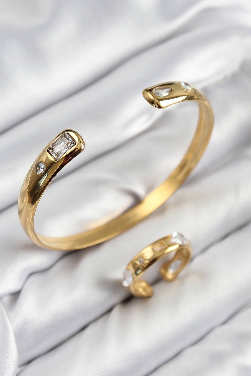 Nova Bazaar Pirinç Zirkon Taşlı Ayrık Model Gold Renk Bileklik Yüzük Set Altın