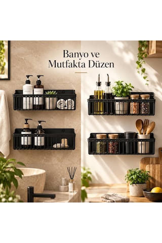 Lexroo 2 Li Yapışkanlı Banyo Ve Mutfak Rafı, Siyah Plastik 25 X 10 X 10 Cm