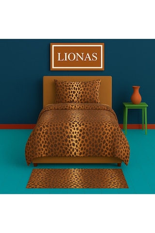 Lionas Tek Kişilik Desenli Nevresim + 1 Adet Kapaklı Yastık Kılıfı Kahve